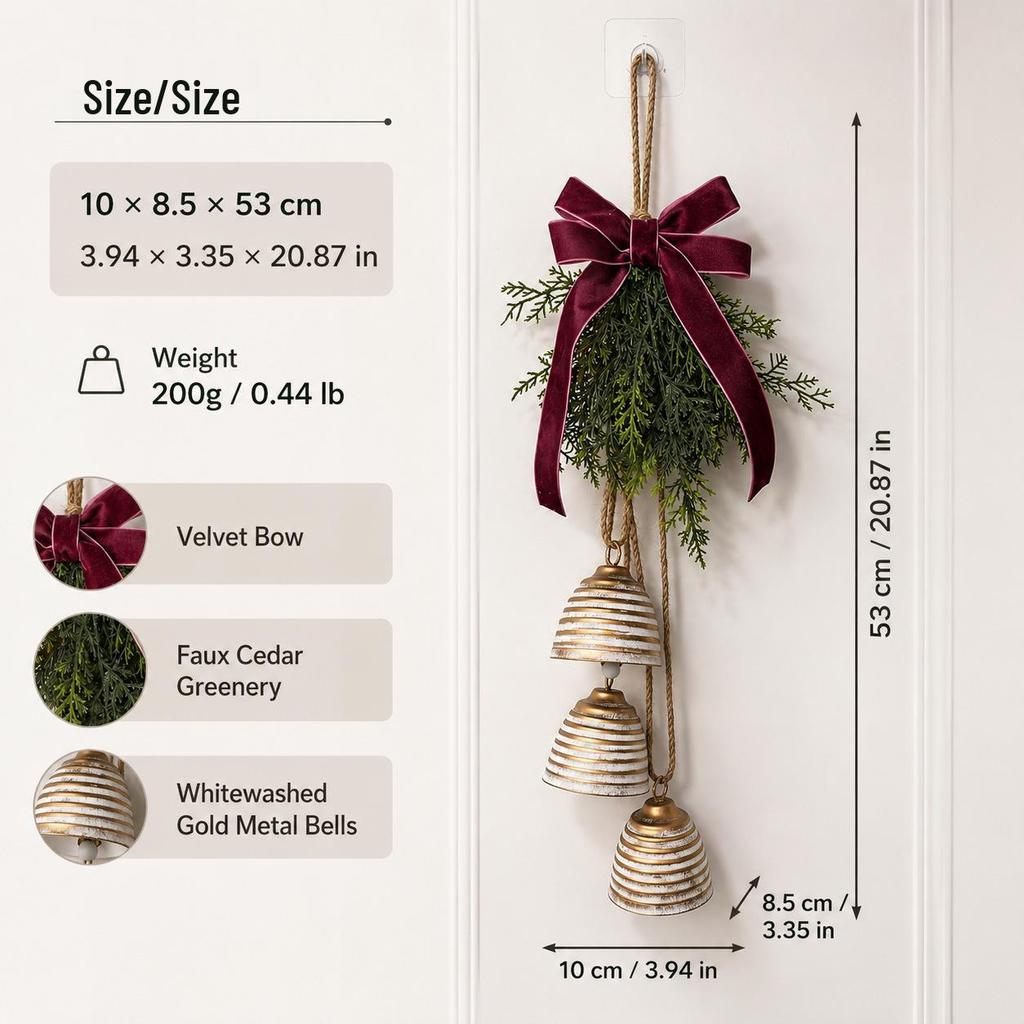 Vintage Cedar Greenery & Metal Bells Christmas Decor for Doors or Walls