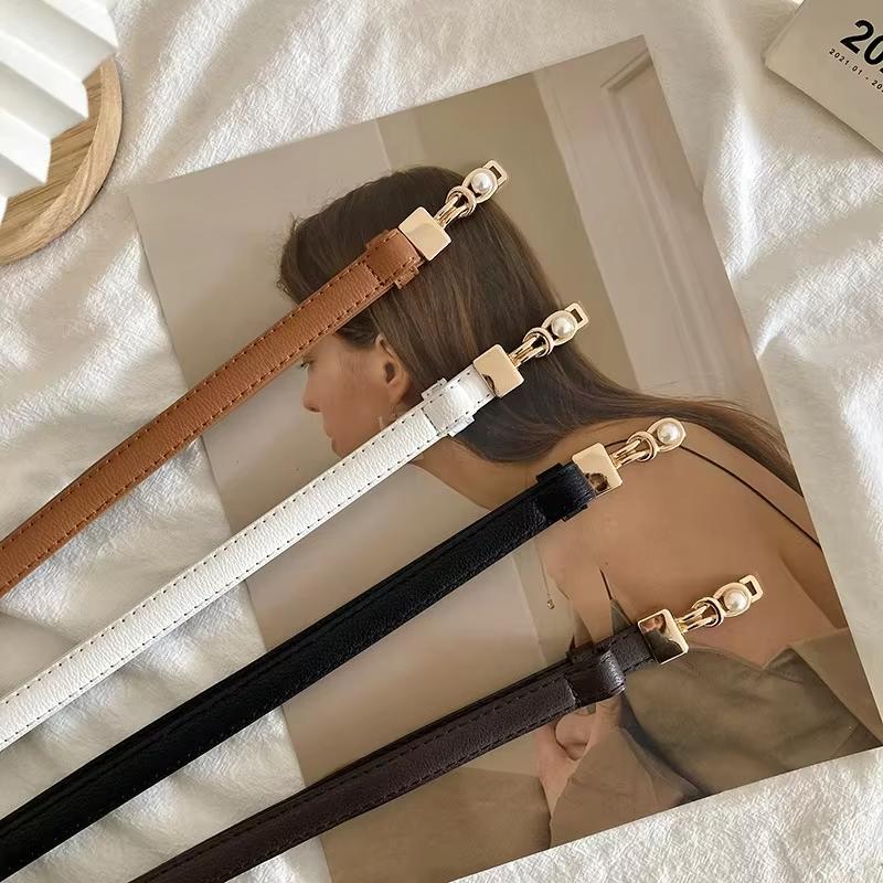 New Pearl Buckle Thin Women Belt PU Leather Elegant Adjustable Wild Waistbands For Female Lady Dress Skirt Decorative Straps