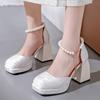 2026 Women High Heels Shoes Elegant Pearl Ankle Buckle Square Toe Pumps for Women Thick Heeled Embroidery Single Shoes