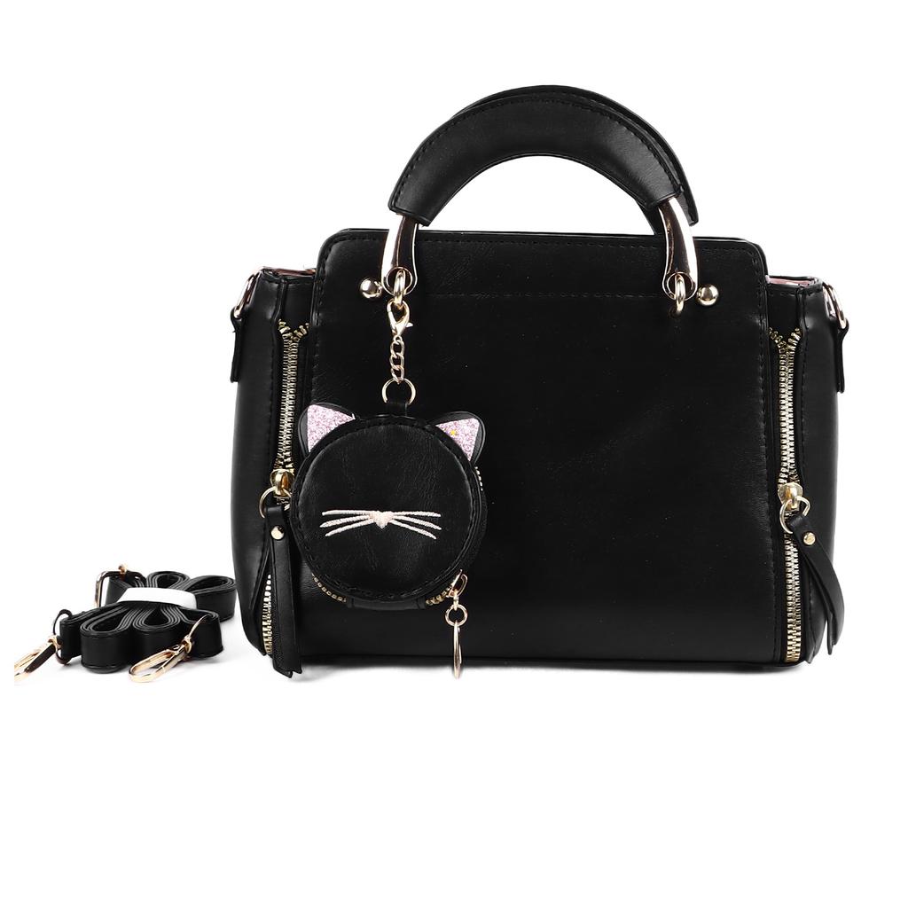 Damen Handtasche mit Schultergurt Münzbörse PU Leder Reißverschluss Mehrzweck Handtasche Stilvolle Umhängetasche Schwarz Kostenlos