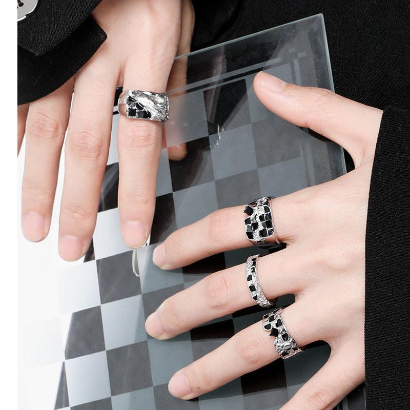 Style Ins Elegant Adjustable Silver Checkerboard Ring For Women Trendy Festival Gift