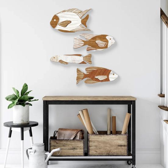 4 Pcs Wooden Fish Wall Decor Nautical Coastal Theme Fish Wall Sculpture Vintage Lake House Ocean Ornaments for Bedroom Bathroom Living Room