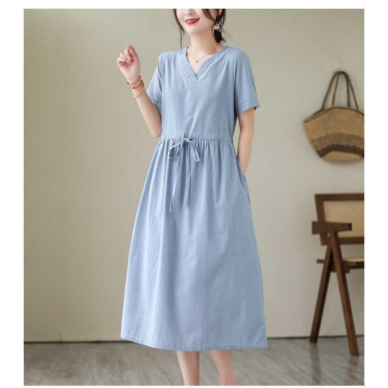 V-neck Mid-length Dress Summer New Retro Literary Large Swing A-line Skirt