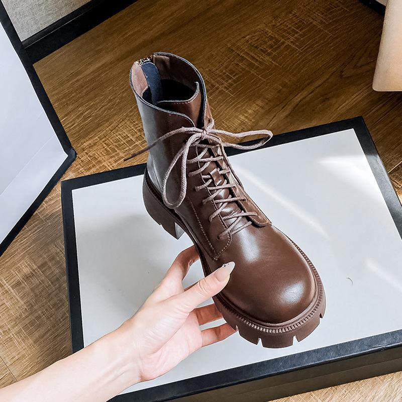 Ботинки из кожи на платформе со шнуровкой женские зимние ботинки на толстом высоком каблуке теплые меховые плюшевые зимние ботинки 35 6118₽