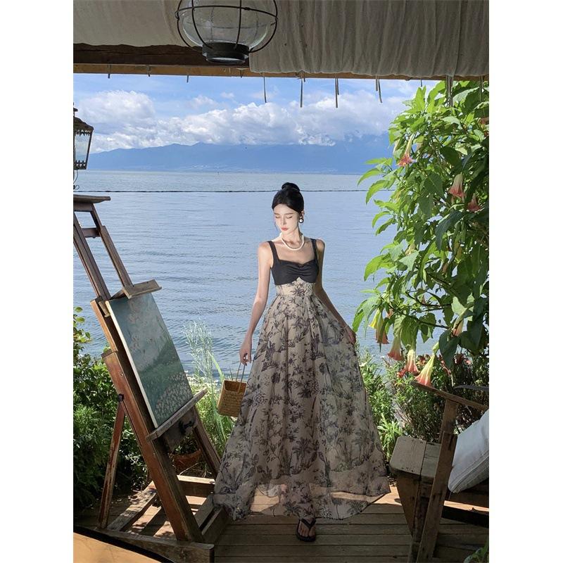 Летние женские лоскутные винтажные длинные платья с бретельками на шее XL чёрный/белый — фото 4