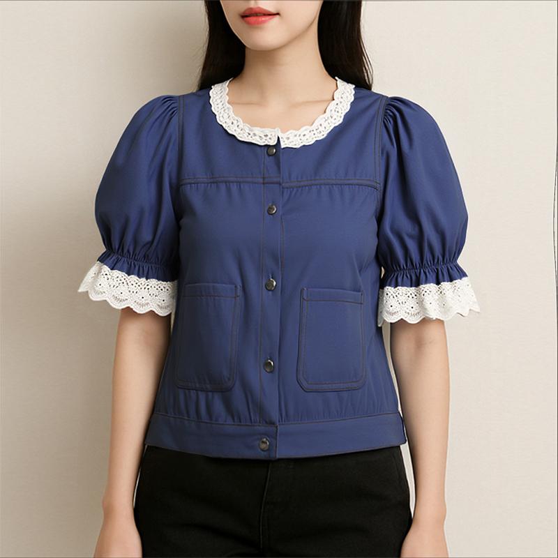 ZANZEA Women Casual Lace Splice Round Neck Summer Short Sleeve Blouse