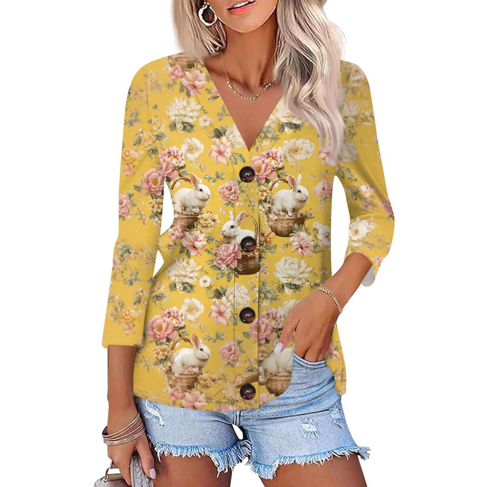 

Women s Fashion Casual Print Button-down Shirt 3/4 Sleeve Tops XL