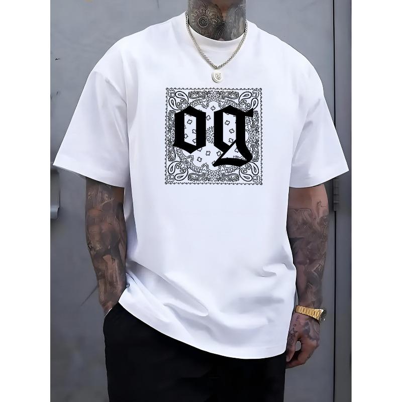 Tallas Europeas Hombre Verano 2025 Estilo Urbano Camiseta Gráfica 'OG' - Camiseta Casual Negra de Cuello Redondo con Impresión de Letras Compleja