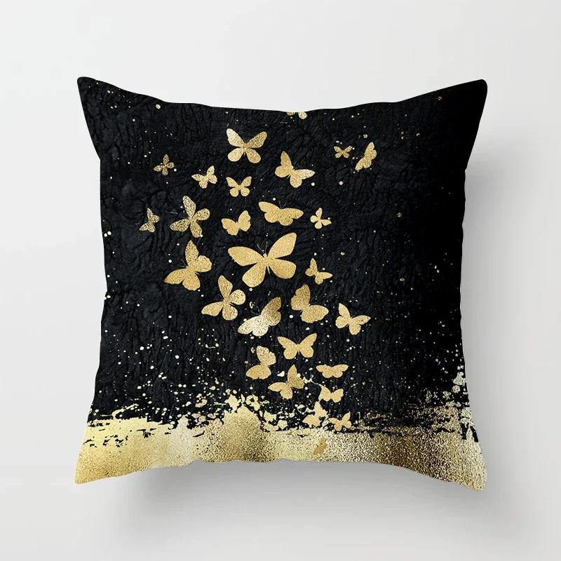 Black Gold Drawing Leaf Elk Tree Bird Butterfly Printed Square Pillowslip Polyester Cushion Cover Pillowcase Living Room Home