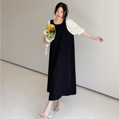 MODIQUE Summer Plus Size Women Loose Versatile Sweet A-Line Patchwork Mock Two-Piece Puff Sleeve Long Dress Female Casual Oversize Cotton O-Neck Dress