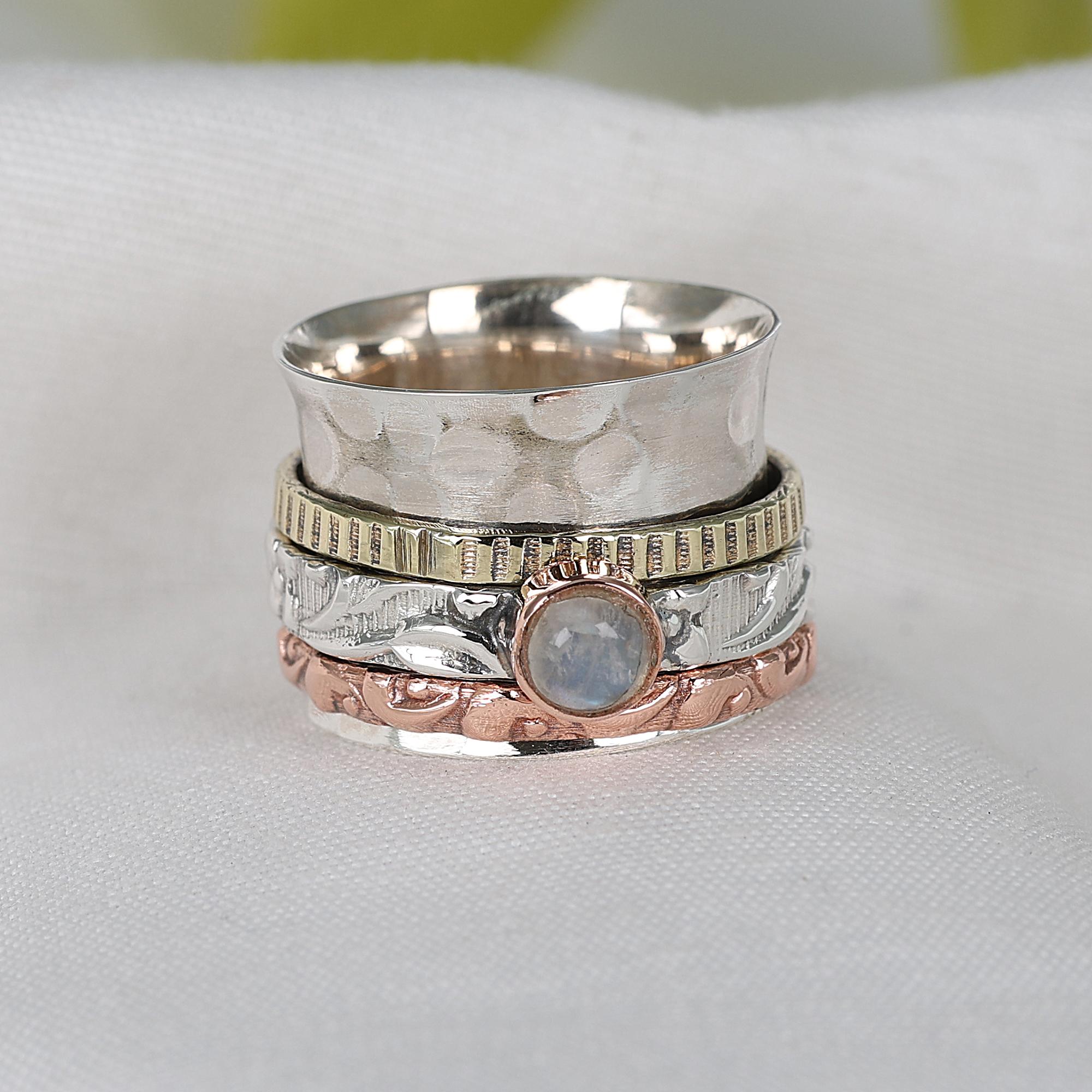 

Moonstone Spinner Ring, Three Tone Band Ring, Birthstone Jewelry, Anxiety Ring 5