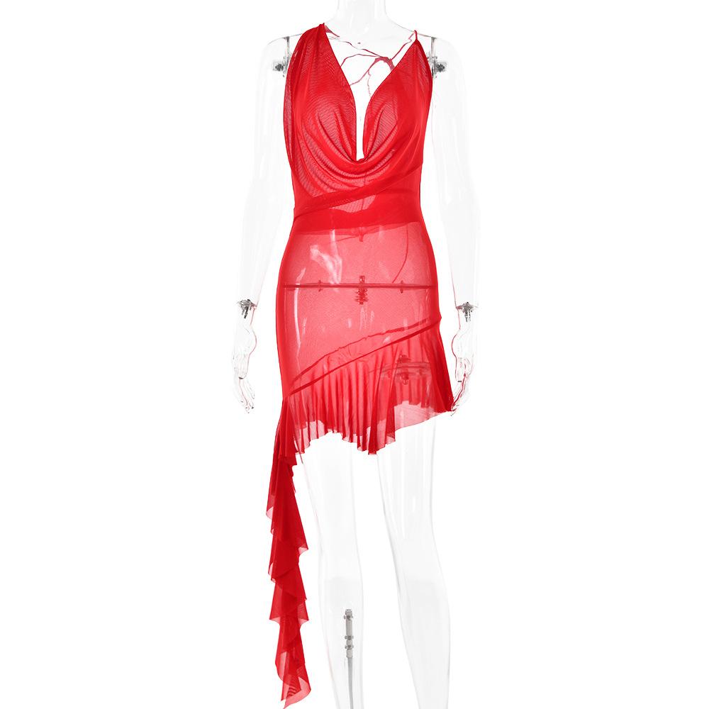 

Europe and the United States hot-selling new dress swing collar backless sleeveless dress sexy spice slim dress L червоний