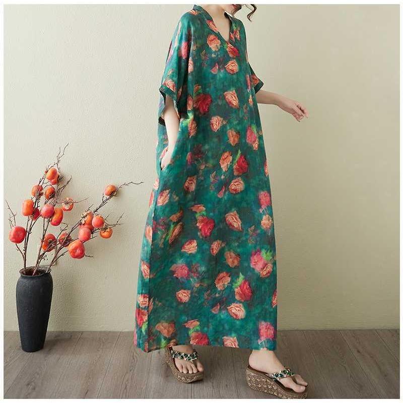 Women's Vintage Long Dress with Cotton and Linen Patterns