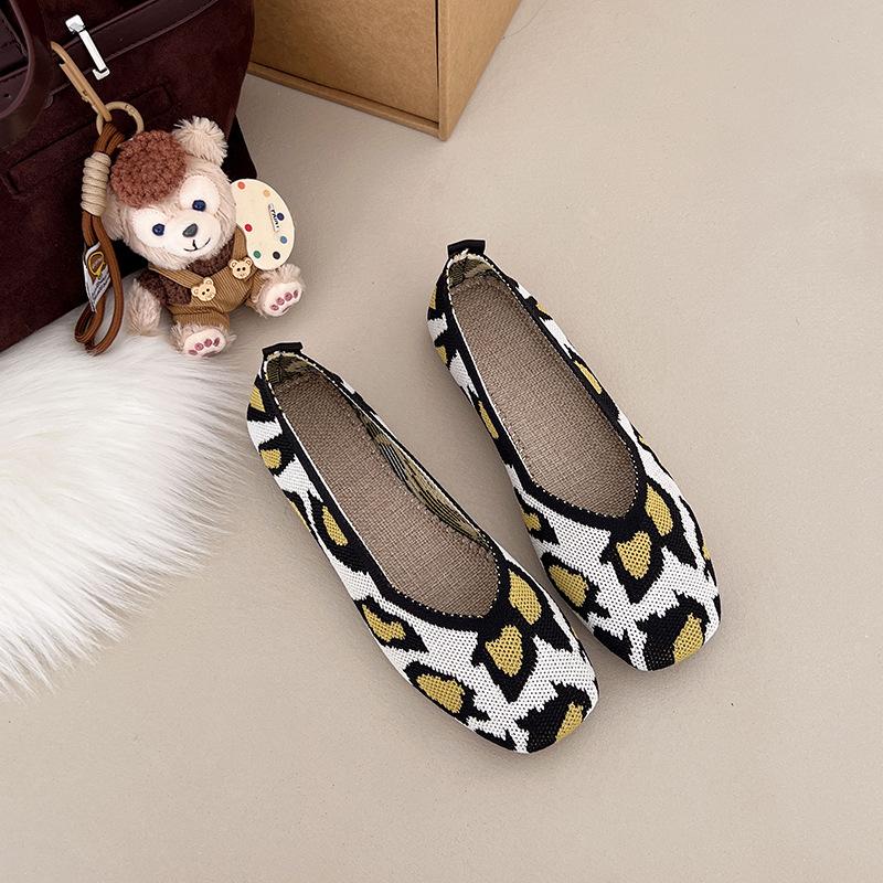 Fashion Women Leisure Flats Summer Autumn Flat Shoes Breathable Knitted Leopard Print Slip-on Female Daily Walking Driving Loafers