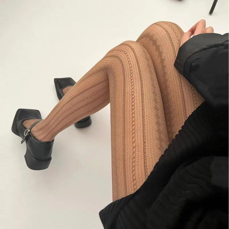 Women Sexy Lace Fishnet Pantyhose Lolita Style Hollow Out Design Red Silk Stockings JK High Waist Striped Tights Christmas Gifts