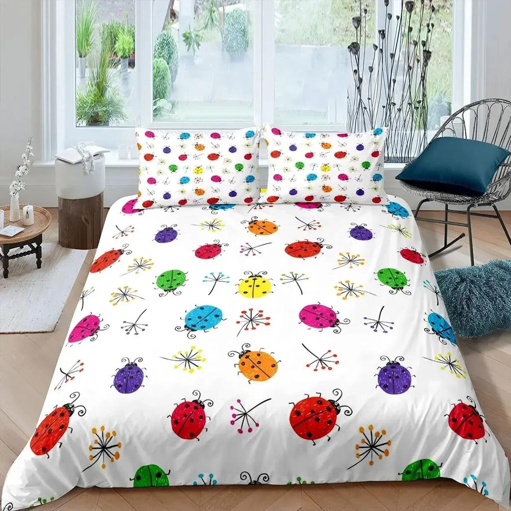 Ladybug Duvet Cover Set 3D Ladybug Printed Bedding Set For Kids Boys Girls Flying Entomology Soft King Size Quilt Cover