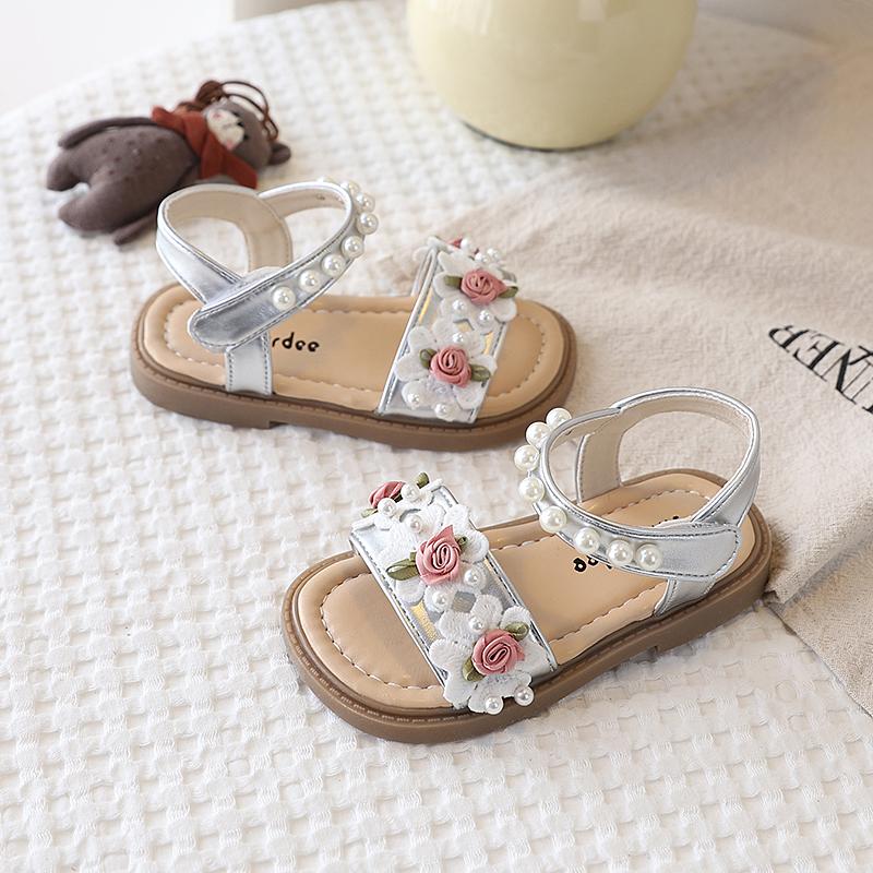 Girls' Sandals Pearl Flowers Princess Sweet Non-Slip Soft Breathable Comfortable Children'S Beach Shoes Summer Sandals