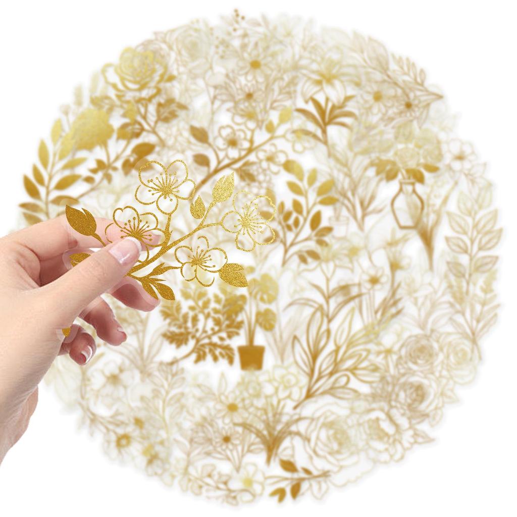 50 Transparent Cartoon Gold Plant Stickers: Waterproof PET for Journals, Guitars, and Notebooks