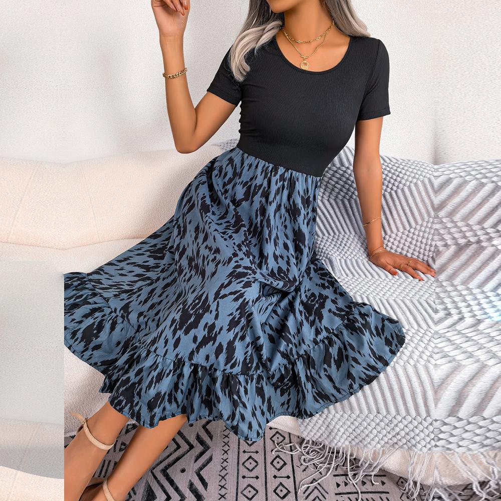 

Женское весенне-летнее плиссированное длинное платье с круглым вырезом и коротким рукавом с леопардовым узором и высокой талией L