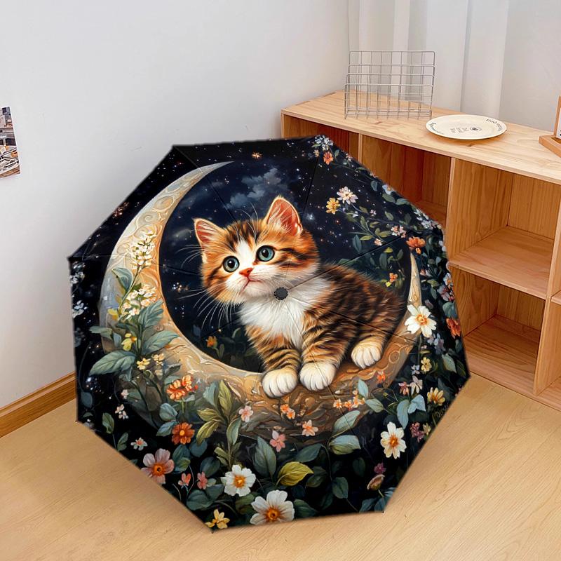 1 PC Automatic Folding Umbrella - Kitten and Moon Night Pattern, Portable & Foldable Design with 8 Ribs, Christmas Birthday Gifts