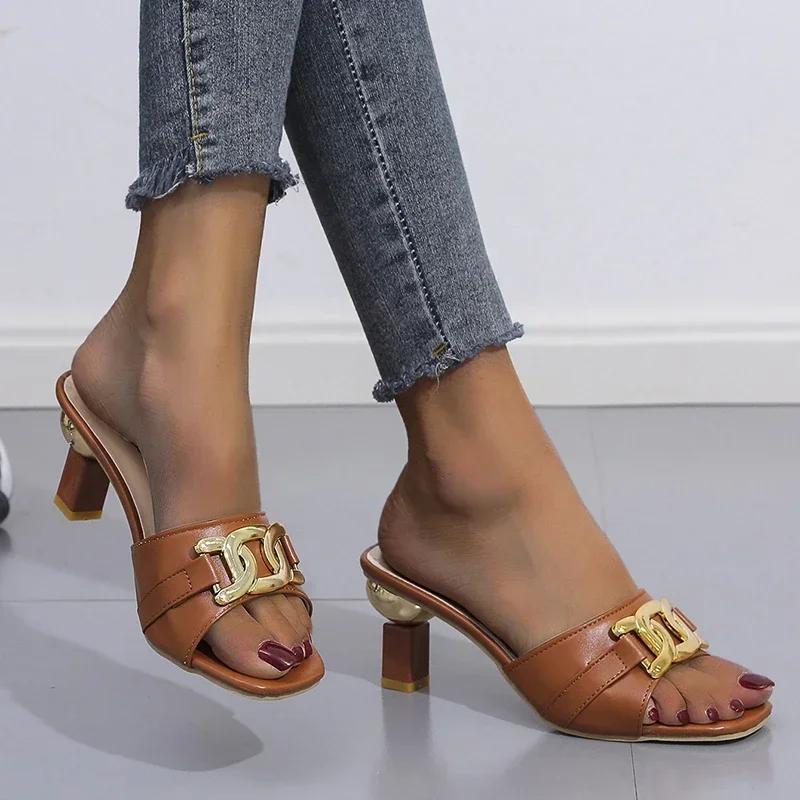 Summer Women's Slippers Sandals Golden Metal Chain Ladies Casual Slides Mules Indoor Shoes 36-43