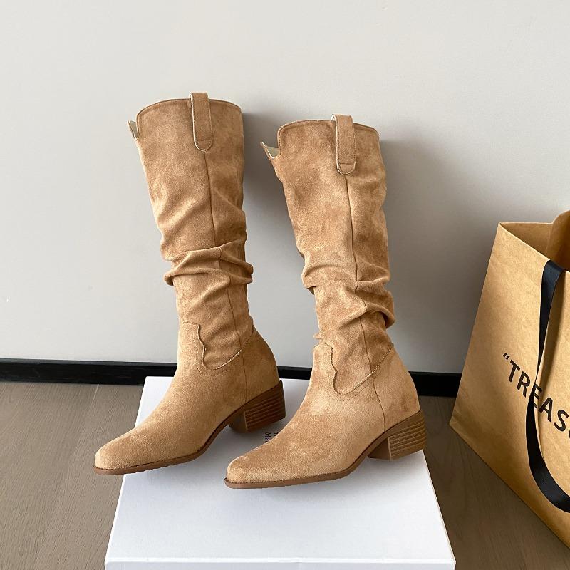 New Retro Coffee Stacking Boots Western Cowboy Boots Medium Tube Women's Boots Small Inner Height Increasing Fashion Boots