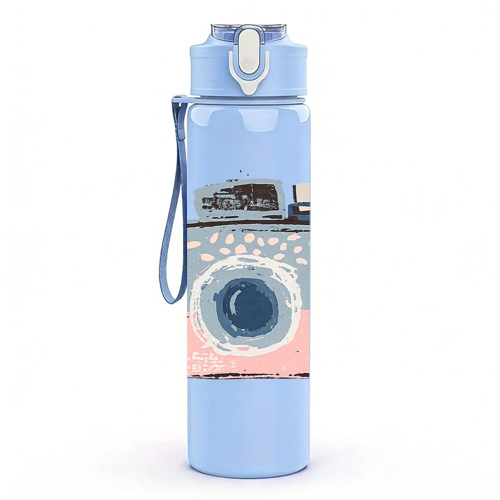 1PC Retro Pink Pastel Camera Print 750ml Color Plastic Sports Water Bottle Leakproof Flip Straw Lid Suitable for Sports Office Home Use