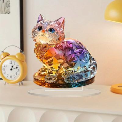 Kitten Acrylic Ornament 2D Colorful Cat Ornament with Base Cat Tabletop Decoration Sign for Home Mantel Desk Bookshelf Decor