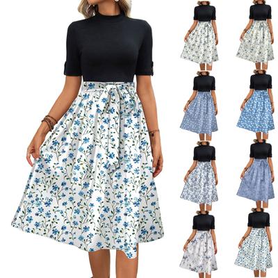 Women's Fashion Casual Belt Short Sleeve Round Neck Floral Elegant Temperament Dress