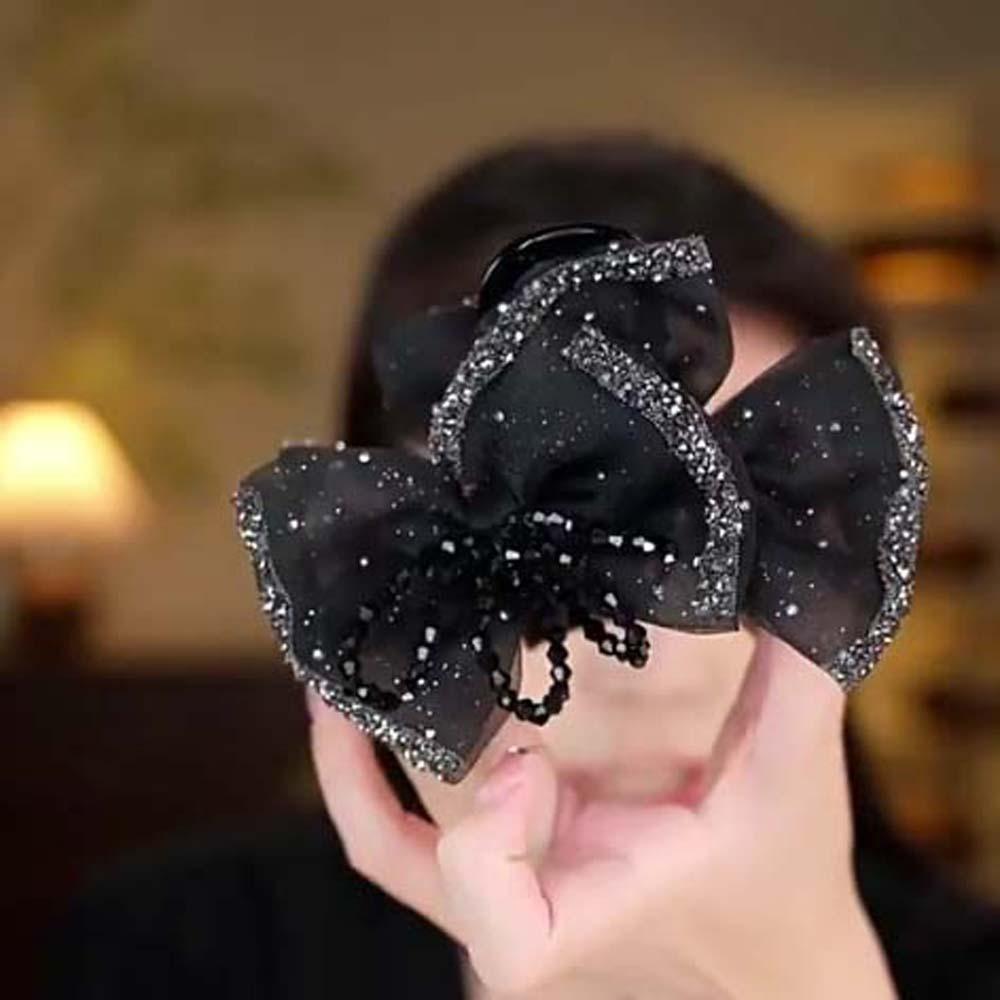 Elegante Schwarze Schleife Haiklammer Perlen Damen Pailletten Haarspangen Glänzende Strass Haar kralle Party