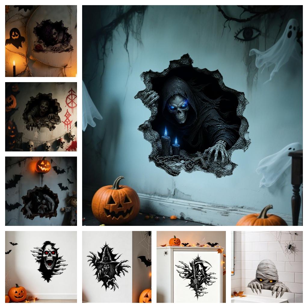 Halloween 3D Wall Breaking Mummy Witch Wall Sticker Self Adhesive Horror Decor