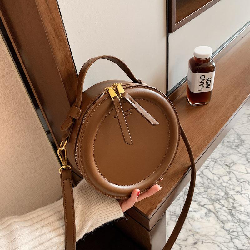 Solid Color Crossbody Bag For Women Round Small Handbag Women Fashion Designer Bags Leather Shoulder Bag Female Zipper Purses