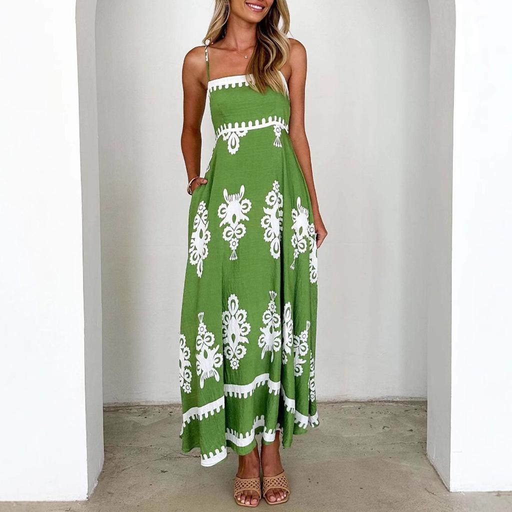 Women's Fashion Printed Summer Beach Dress Strap Bohemian Long Dress