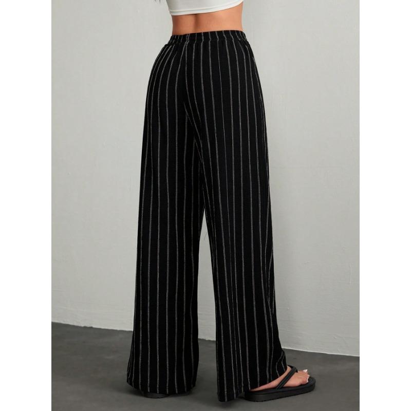 Women's Striped Wide Leg Pants Pinstripe Drawstring Elastic Waist Pants Casual