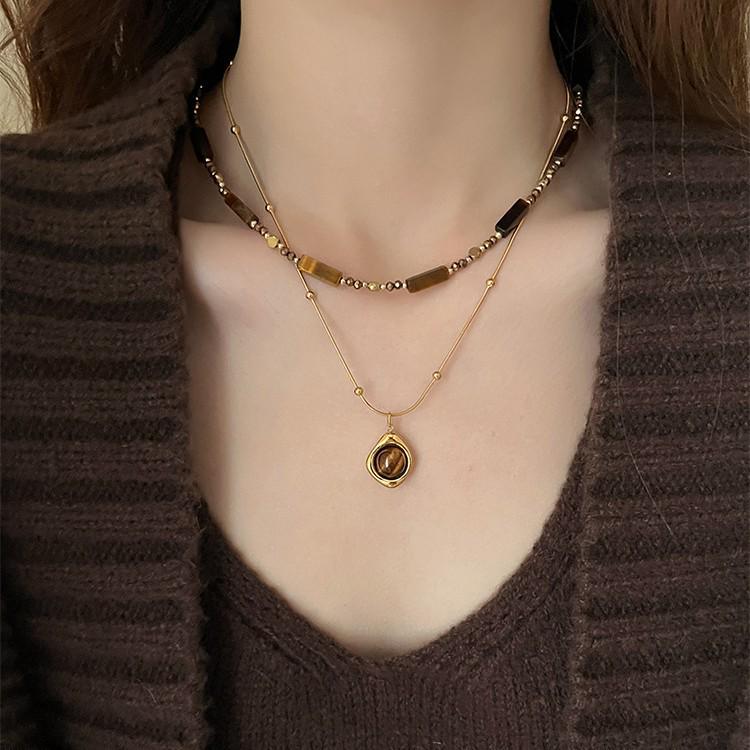 Autumn/Winter Layered Tiger Eye Pendant Necklace for Women - Double Clavicle Chain with High-End Sweater Chain Style
