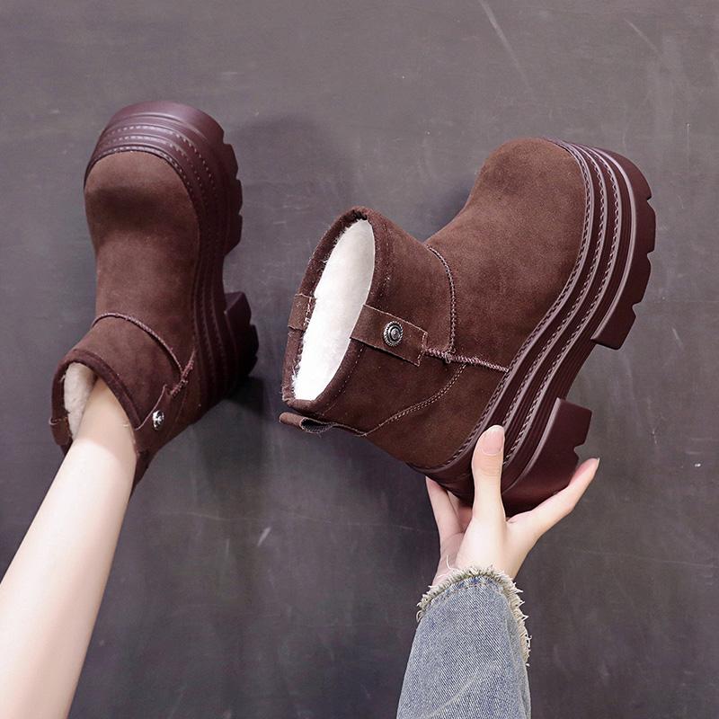 Fashion 10CM Suede Cow Genuine Leather Snow Boots Women Chelsea Boots Shoes for Women Ankle Booties Platform Wedge Winter Plush