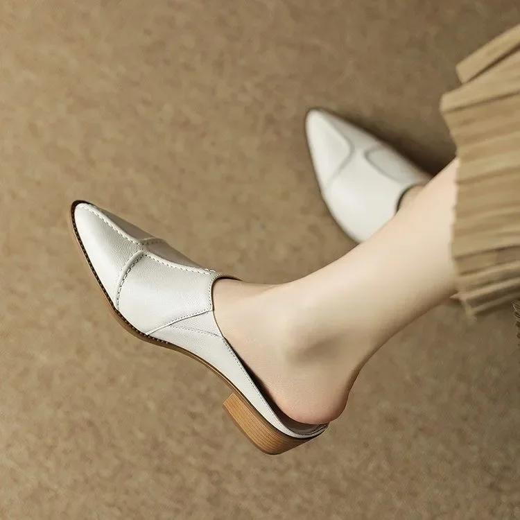 Fashion 2025 Bao-head Half Slippers Women Spring and Summer Wear Coarse Sandals Pointed Lazy Mid-heel Muggles