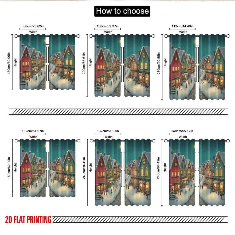 Classic Flat Printing Christmas Curtains Village Snow Town Scene Digital Printed Polyester Drapes Party Set Of 2 Made