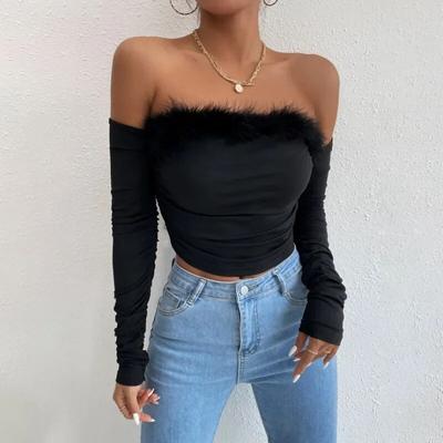 Backless Long Sleeve Sexy Crop Tops Women Vintage Solid Slim Shirt Fashion Feathers Off Shoulder Blouse Elegant Clothing 30409