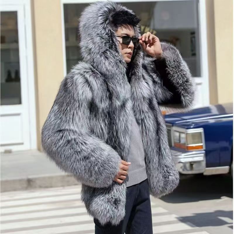 New Men's Hooded Jacket Fashion Light Luxury Silver Fox Hair Coat Thickened Warm Temperament Fur Sweater