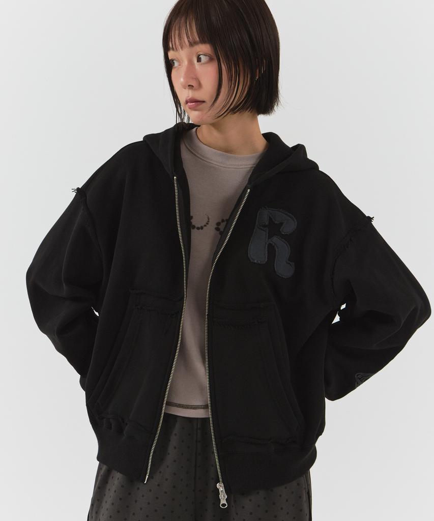 Parakeet Cutoff Applique Zip-Up Hoodie (Black)