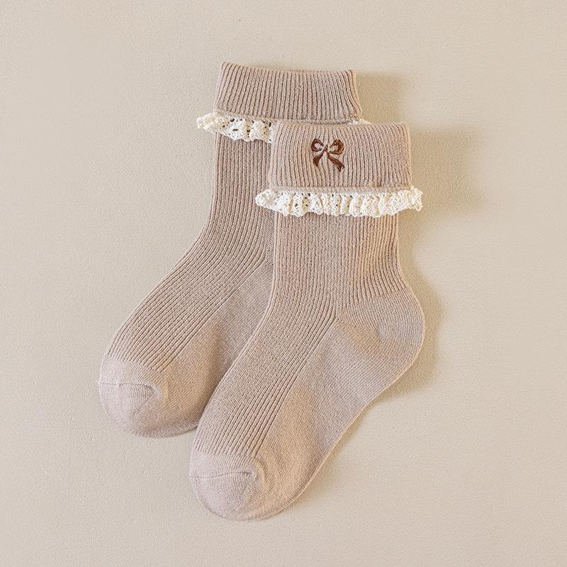 Girls' Cotton Mid-Calf Socks with Sweet Bowknot - Korean Style Lace Princess for Autumn and Spring