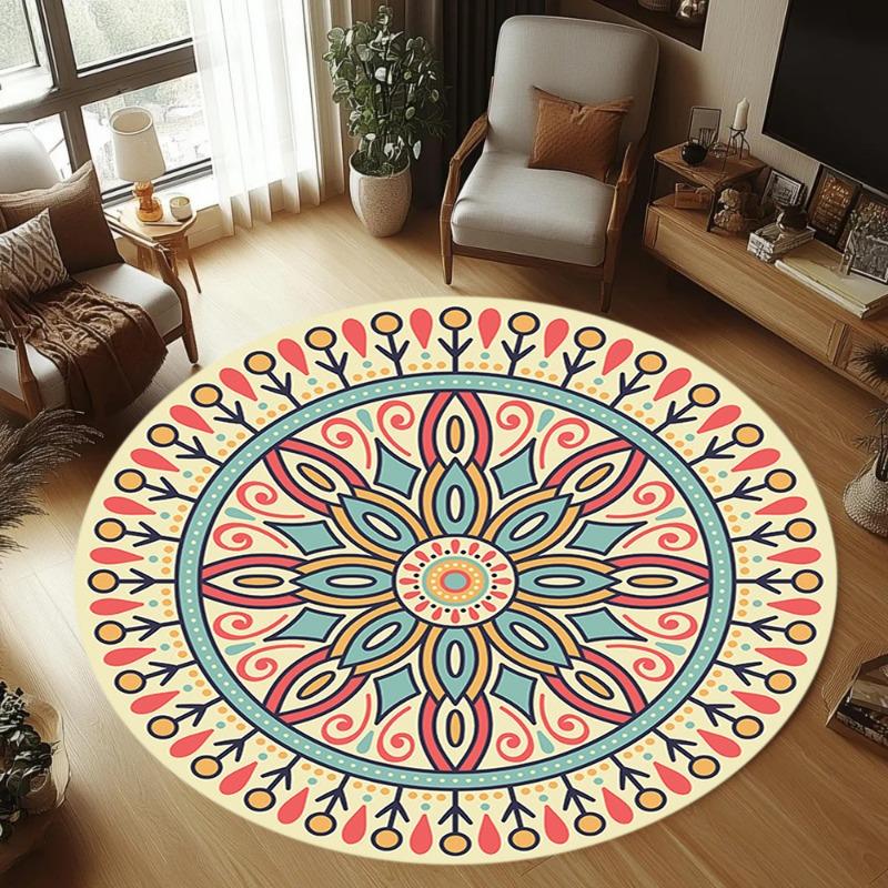 Bohemian Ethnic Style Round Rug Vibrant Floral Pattern Carpet Soft Non-Slip Circle Mat for Living Room Bedroom Kids Room