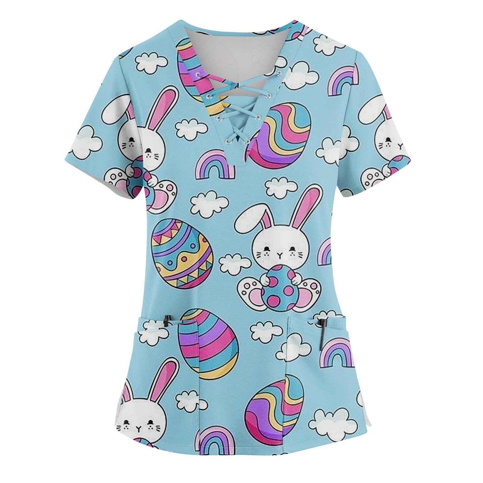 

Женский топ с коротким рукавом, V-образным вырезом, завязкой, принтом пасхального кролика и карманом XL небесно-голубой