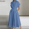 Women Casual Turn Down Collar Elastic Waist Loose Short Sleeve Dress