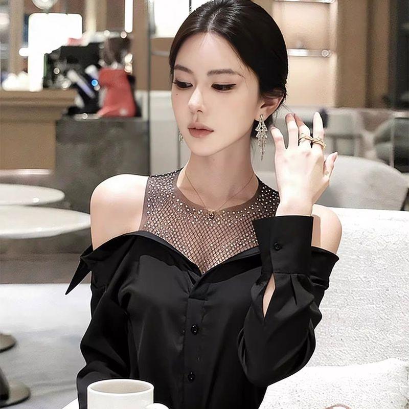 2026 Spring New Style Elegant Black Sequin Patchwork Top, Unique and Beautiful Off-Shoulder Blouse Black Sequin Patchwork Top XL