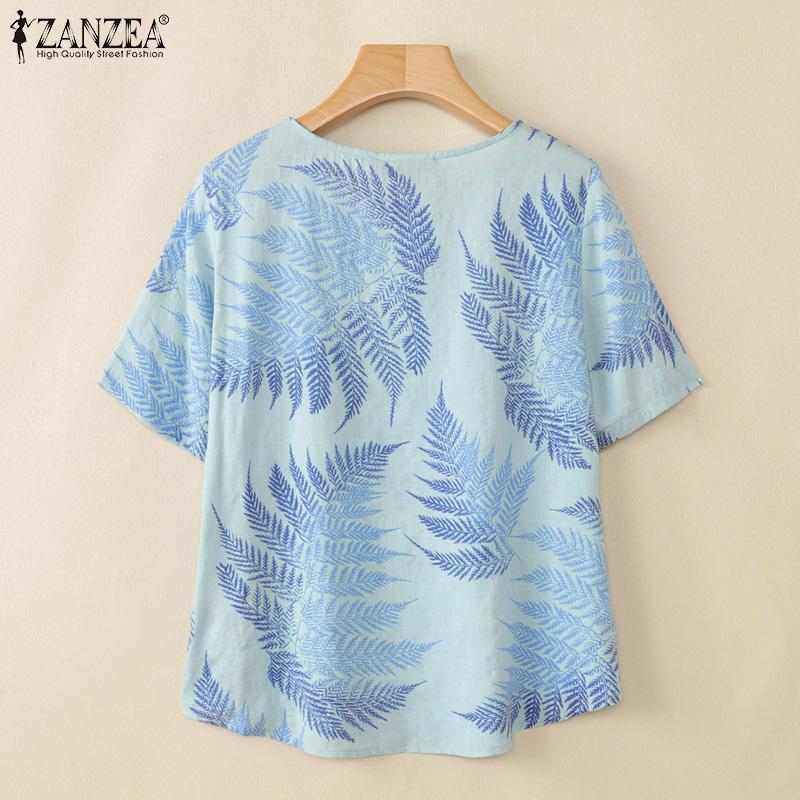 ZANZEA Women Casual Round Neck Summer Short Sleeve Print Blouse