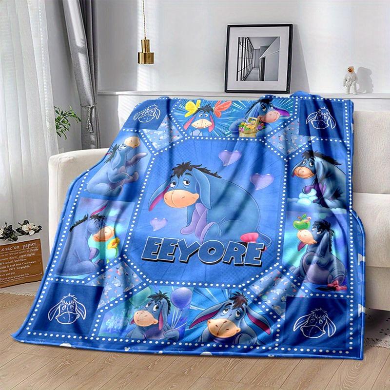 1pc. Eeyore Cartoon Quilt Blanket for Home Decor, Seasonal Use, Gift Idea, Blue Background with Hearts and Flowers Design,Soft Flannel Throw