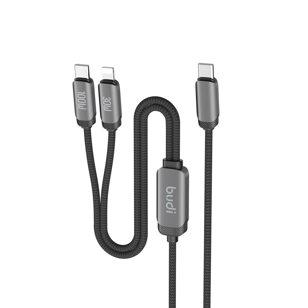 BUDI DC266TTL12B 1.2m 2 in 1 USB C to USB C/iP Cable 100W Fast Charging Data Sync Braided Cord