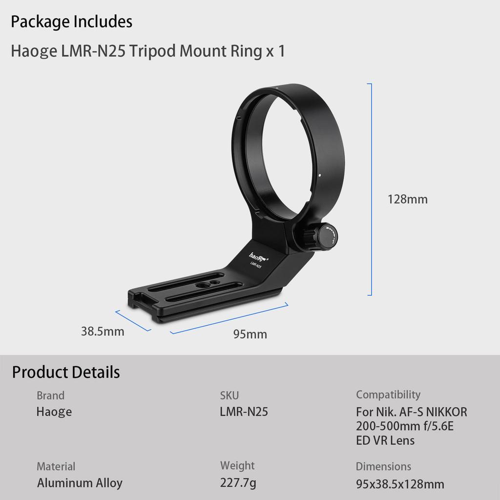 Haoge Lens Replacement Foot Ring Type Tripod Mount for Nikon NIKKOR ED VR Super Telephoto Zoom Plate Head Compatible LMR-N25 Mount, AF-S 200-500mm
